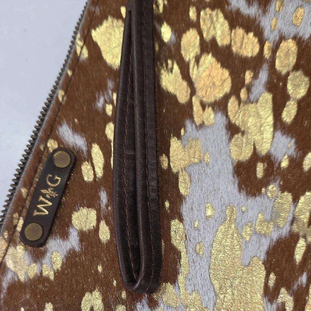 Wild Goose WG Gold and Brown Leather‎ Cowhide Hair Wristlet Clutch